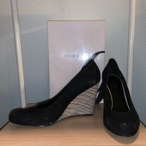 Suede Leather Black White Wedge Heels Pumps